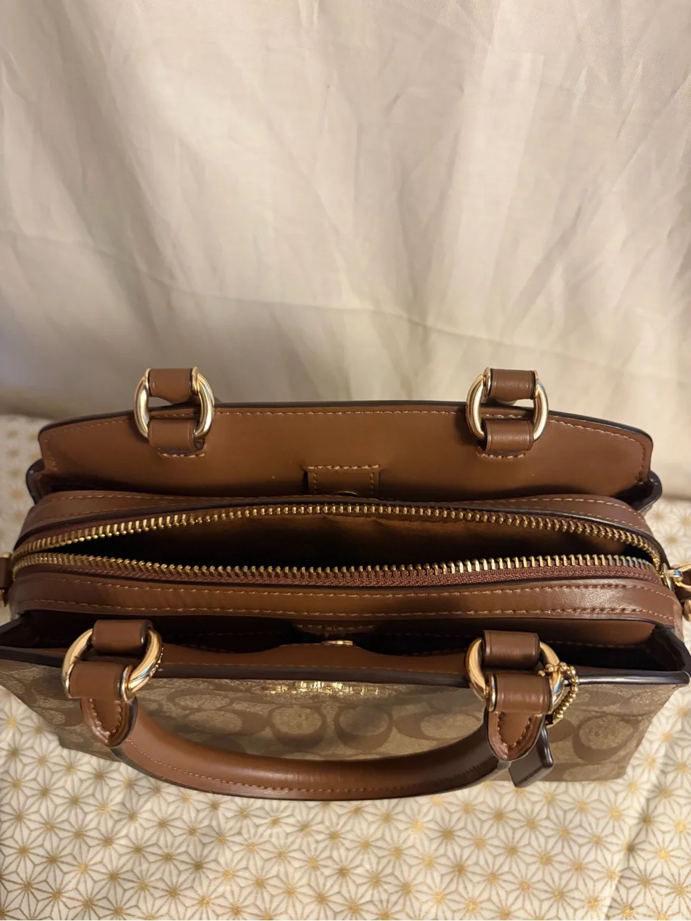 Coach Brown Signature Canvas Satchel with Leather Trim
